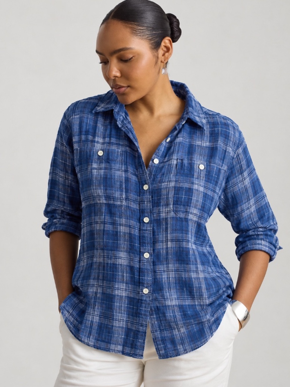 Lauren Ralph Lauren NWT 100% Linen Plaid Button Down Shirt Blue Women Size 1X